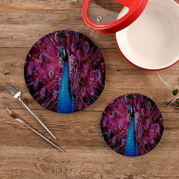 SKYSONIC Colorful Purple Peacock Trivet Round Hot Pads, Set of 2 Feathers Tail Pot Holder Heat Resistant Trivets Cotton Thread Weave Mats for Kitchen Counter Hot Dishes Pot Teapot Table Decor