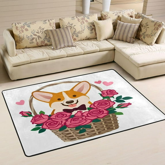 SKYSONIC Corgi Dog Valentines Non-Slip Area Rug, Basket of Roses Floor Carpet Comfort Floor Mats Decor for Indoor Front Porch Living Room Bedroom Kitchen, 36"x24"