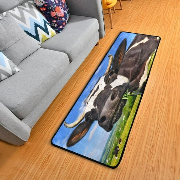 SKYSONIC Cow Cattle Grassland Runner Rug, 2'¡Á6' with Rubber Backing Funny Animal Summer Non Slip Entryway Rug Runner Washable Soft Area Rug Carpet for Hallway Bedroom Kitchen Decor