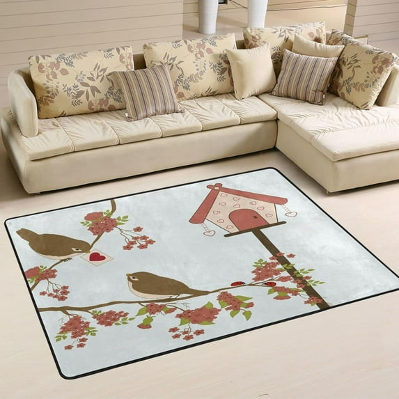 SKYSONIC Cute Birds Floral Branch Non-Slip Area Rug, Valentine Bird House Floor Carpet Comfort Floor Mats Decor for Indoor Front Porch Living Room Bedroom Kitchen, 36"x24"