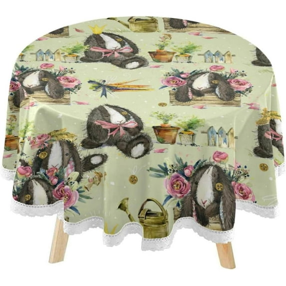 SKYSONIC Cute Black Bunny Round Tablecloth 60inch Indoor Wrinkle Free, Happy Easter Circular Lace Table Cover Washable for Kitchen Party BBQ Dining Decor