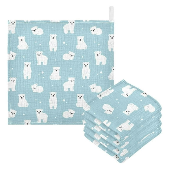 SKYSONIC Cute Cartoon Polar Bear Cub Baby Muslin Washcloths Face Towel, 3 Pack Burp Cloths Cotton Wipes Infant Wash Cloth for Newborn Boys Girls 12"x12"