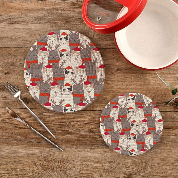 SKYSONIC Cute Christmas Cats Pot Holders Trivets, 2 Pcs Heat Resistant Trivets,Xmas Hat Kitten Cotton Thread Weave Mats for Hot Pads Pans Pot Bowl Teapot for Kitchen Decor
