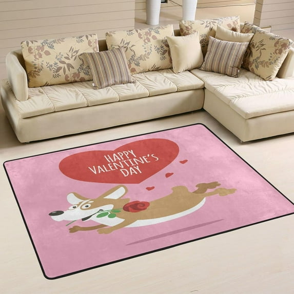 SKYSONIC Cute Corgi Dog Heart Non-Slip Area Rug, Valentine Puppy Floor Carpet Comfort Floor Mats Decor for Indoor Front Porch Living Room Bedroom Kitchen, 36"x24"