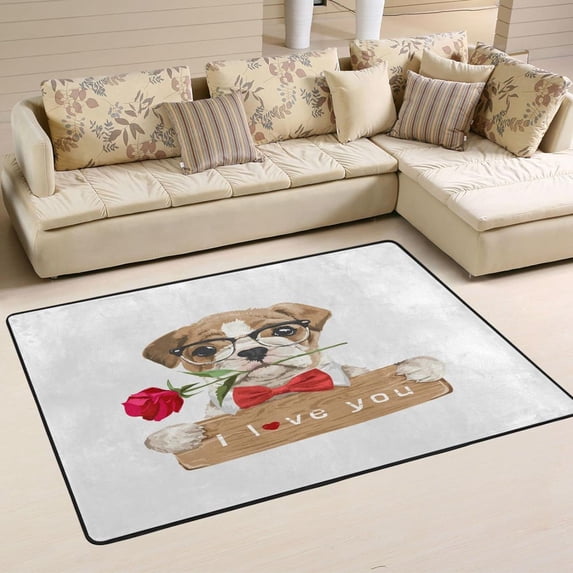 SKYSONIC Cute Dog Valentines Rose Non-Slip Area Rug, I Love You Wooden Floor Carpet Comfort Floor Mats Decor for Indoor Front Porch,Living Room, Bedroom,Kitchen,72"x48"