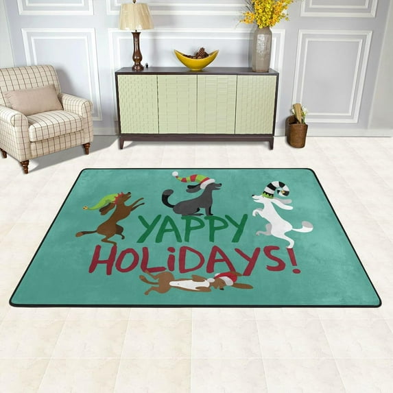 SKYSONIC Cute Dogs Christmas Non-Slip Area Rug, Happy Holidays Floor Carpet Comfort Floor Mats Decor for Indoor Front Porch Living Room Bedroom Kitchen, 36"x24"