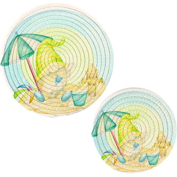 SKYSONIC Cute Dwarf Summer Pot Holders Trivets, 2 Pcs Heat Resistant Trivets,Sandy Beach Cotton Thread Weave Mats for Hot Pads Pans Pot Bowl Teapot for Kitchen Decor