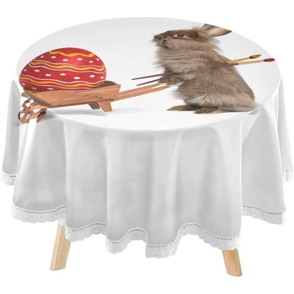 SKYSONIC Cute Easter Bunny Round Tablecloth 60inch Indoor Wrinkle Free, Rabbit Red Easter Egg Circular Lace Table Cover Washable for Kitchen Party BBQ Dining Decor