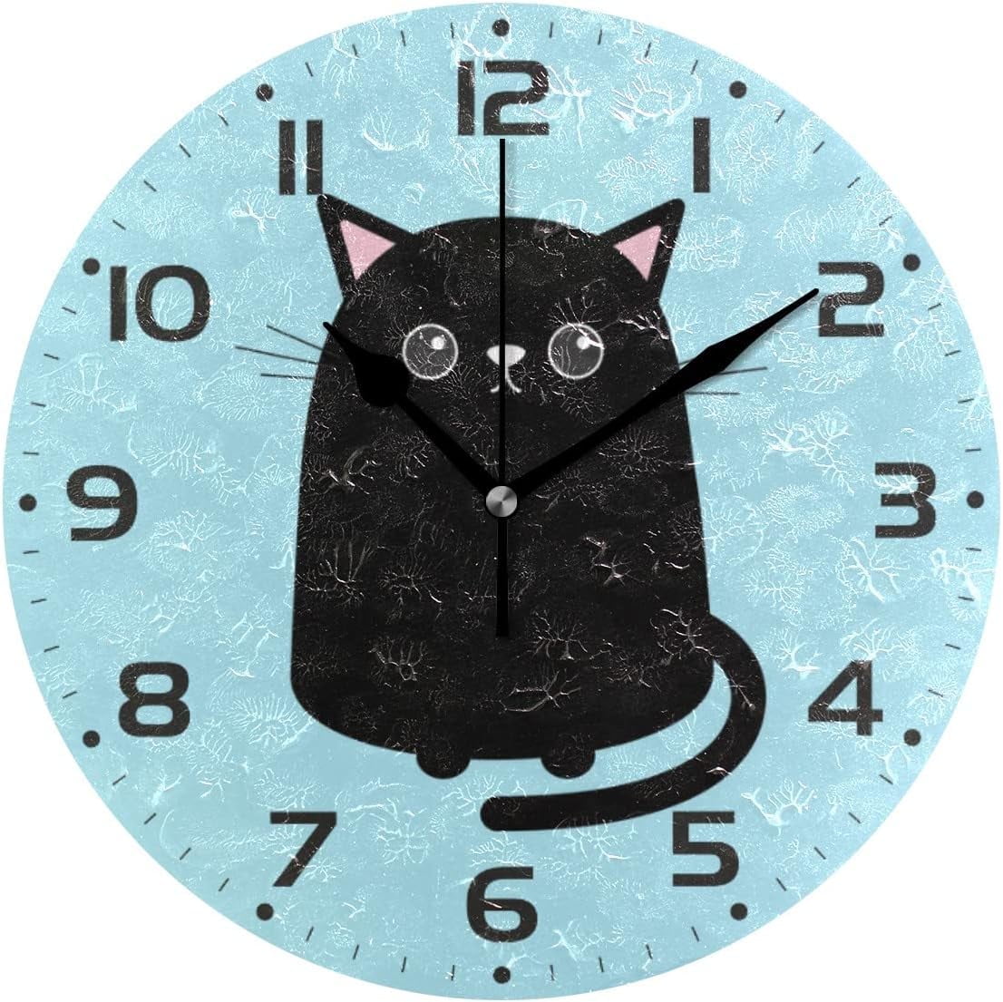 SKYSONIC Cute Fat Cat Wall Clock 10 Inch Silent Non Ticking Round Clock ...