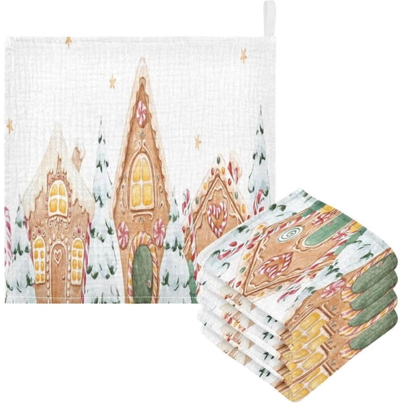 SKYSONIC Cute Gingerbread House Baby Muslin Washcloths Face Towel, 3 PCS Christmas Watercolor Snow Burp Cloths Cotton Wipes Infant Wash Cloth for Newborn Boys Girls 12"x12"