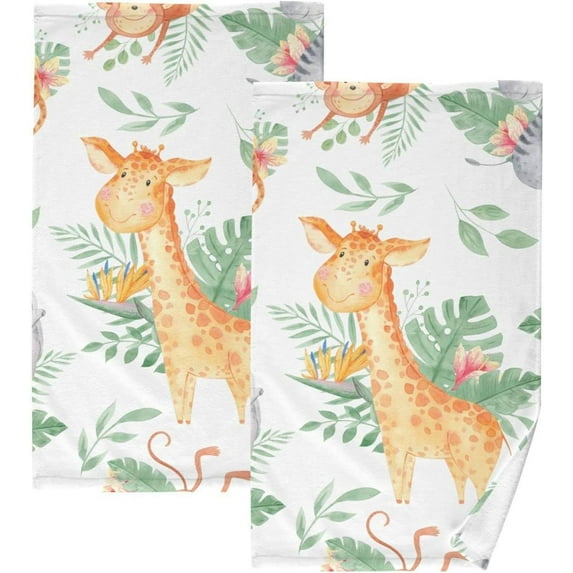 SKYSONIC Cute Giraffe Elephant Hand Towels Set of 2, Cotton Bath Towel for Drying Face Hands Body ,Absorbent Lightweight Towels for Bathroom Ktichen Travel Gym, 16"x28"