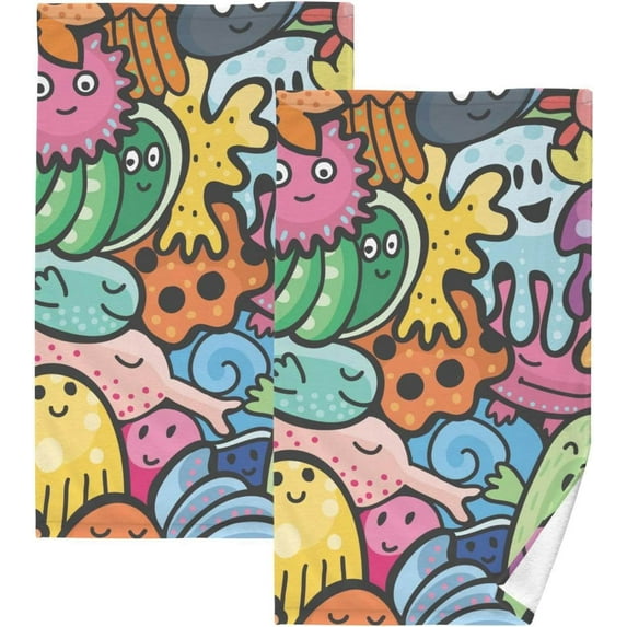 SKYSONIC Cute Kawaii Monsters Patterned Hand Towels 2 PCS, Cotton Bath Towel for Drying Face Hands Body ,Absorbent Lightweight Towels for Bathroom Ktichen Travel Gym, 16"x28"