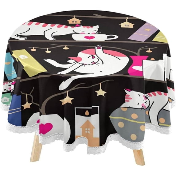 SKYSONIC Cute Library Cats Round Tablecloth 60inch Indoor Wrinkle Free, Fall Sleep Animal Circular Lace Table Cover Washable for Kitchen Dining Decor