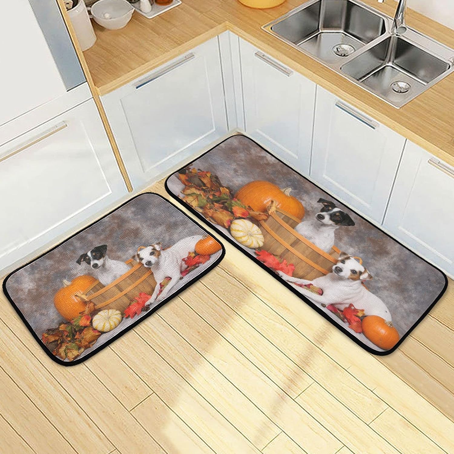 SKYSONIC Cute Little Dogs Kitchen Rugs Set of 2, Pumpkin Leaves Fall