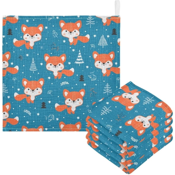 SKYSONIC Cute Little Fox Baby Muslin Washcloths Face Towel, 3 PCS Winter Forest Burp Cloths Cotton Wipes Infant Wash Cloth for Newborn Boys Girls 12"x12"
