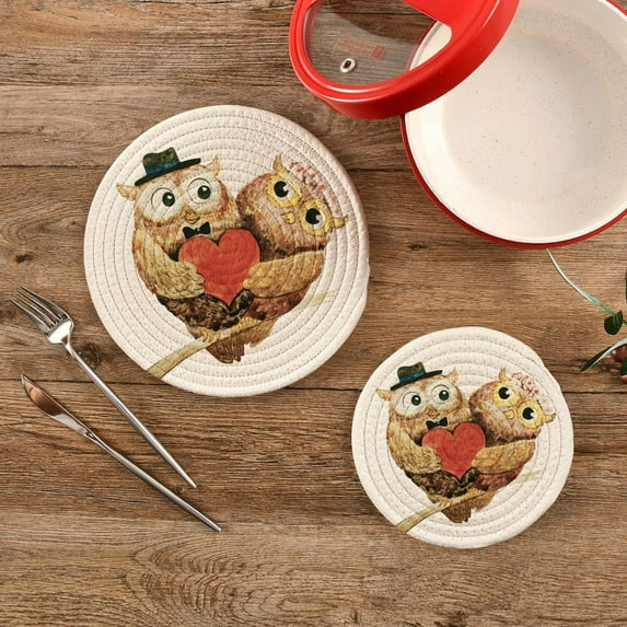SKYSONIC Cute Owls Heart Pot Holders Trivets, 2 Pcs Heat Resistant Trivets,St Valentine’s Day Cotton Thread Weave Mats for Hot Pads Pans Pot Bowl Teapot for Kitchen Decor