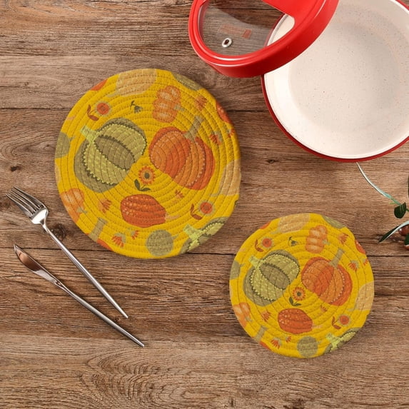 SKYSONIC Cute Simple Naive Pumpkin Trivet Pot Holders Pads, Set of 2 Autumn Cartoon Pot Holder Heat Resistant Trivets Cotton Thread Weave Mats Kitchen Table Decor