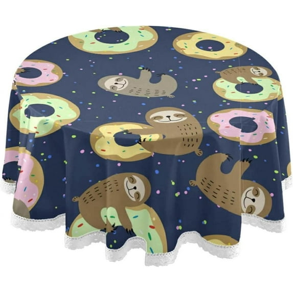 SKYSONIC Cute Sloth Sweet Doughnut Tablecloth Blue Spot Round Tablecloths Polyester Tablecover Cloths Washable Tabletop Runner Kitchen Party Picnic Dining Home Decor 60inch