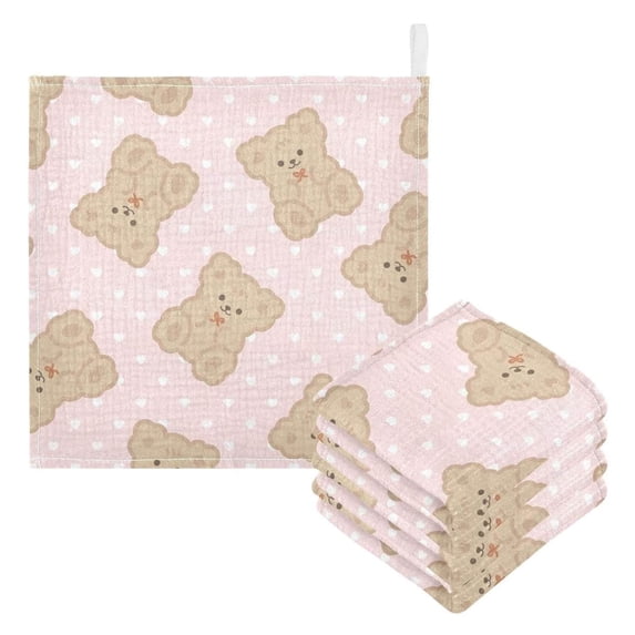 SKYSONIC Cute Teddy Bears Baby Muslin Washcloths Face Towel, 3 PCS Pink Heart Texture Burp Cloths Cotton Wipes Infant Wash Cloth for Newborn Boys Girls 12"x12"