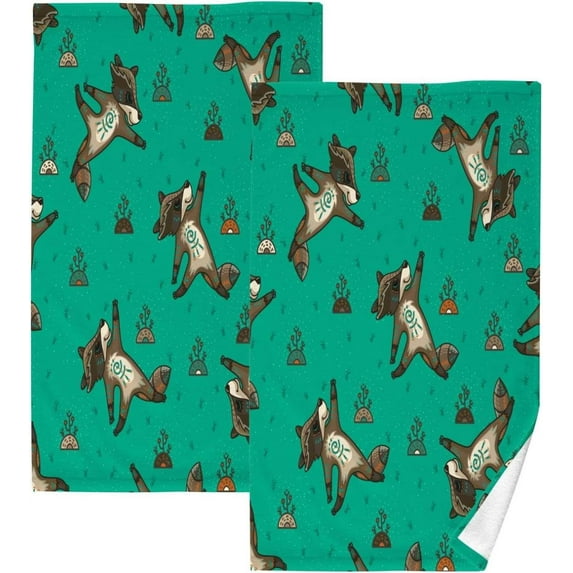 SKYSONIC Cute Tribal Raccoon Ultra Soft 2 PCS Towel Set, Highly Absorbent Hand Towels, 16"x28" Cotton Towels for Bathroom Hotel Gym Travel, Ideal for Daily Use
