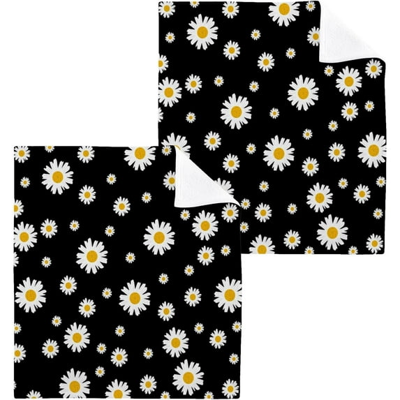 SKYSONIC Daisy Flower Washcloths Set of 2, Highly Absorbent Soft Cotton Fingertip Towels for Bathroom, Kitchen, Gym, Spa, Home Decor 12 x 12 Inch