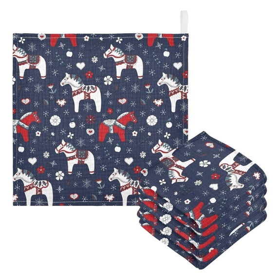 SKYSONIC Dala Horses Winter Baby Muslin Washcloths Face Towel, 3 PCS Christmas Burp Cloths Cotton Wipes Infant Wash Cloth for Newborn Boys Girls 12"x12"