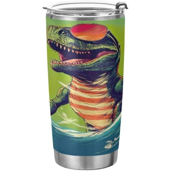 SKYSONIC Dinosaur Tumbler Stainless Steel Double Wall Vacuum Reusable Insulated Mug with Straw and Built-in Coaste for Cold and Hot Beverages, 12oz