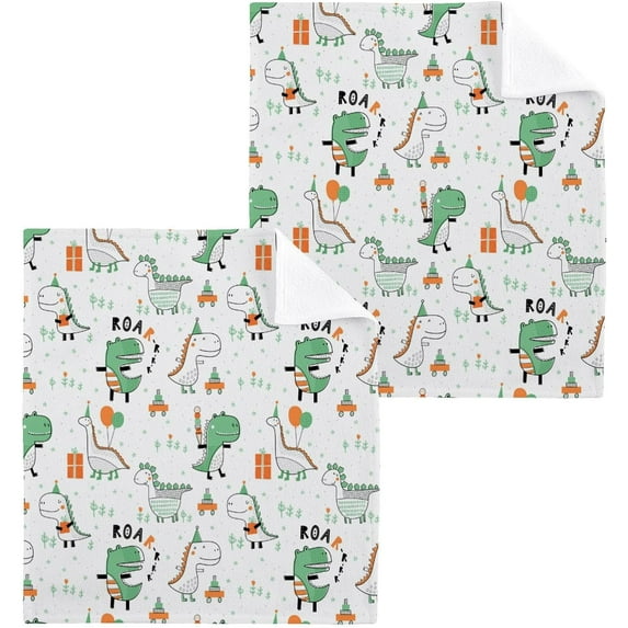 SKYSONIC Dinosaur Washcloths Set of 4, Highly Absorbent Soft Cotton Fingertip Towels for Bathroom, Kitchen, Gym, Spa, Home Decor 12 x 12 Inch