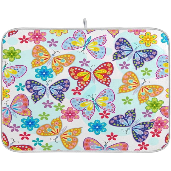 SKYSONIC Dish Drying Mat for Kitchen Counter Butterfly & Flower Eco Friendly Drying Mat - Easy to Clean Heat Resistant Dish Mat - 18x24