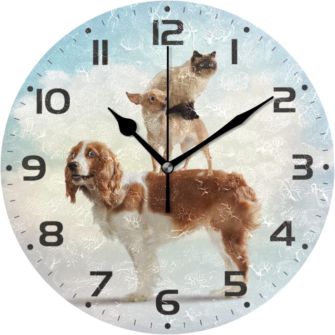 SKYSONIC Dog Cat Fly Wall Clock 10 Inch Silent Non Ticking Round Clock ...