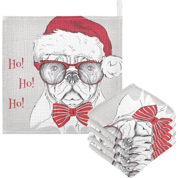 SKYSONIC Dog in Santa's Hat Baby Muslin Washcloths Face Towel, 3 PCS Christmas Poster Burp Cloths Cotton Wipes Infant Wash Cloth for Newborn Boys Girls 12"x12"