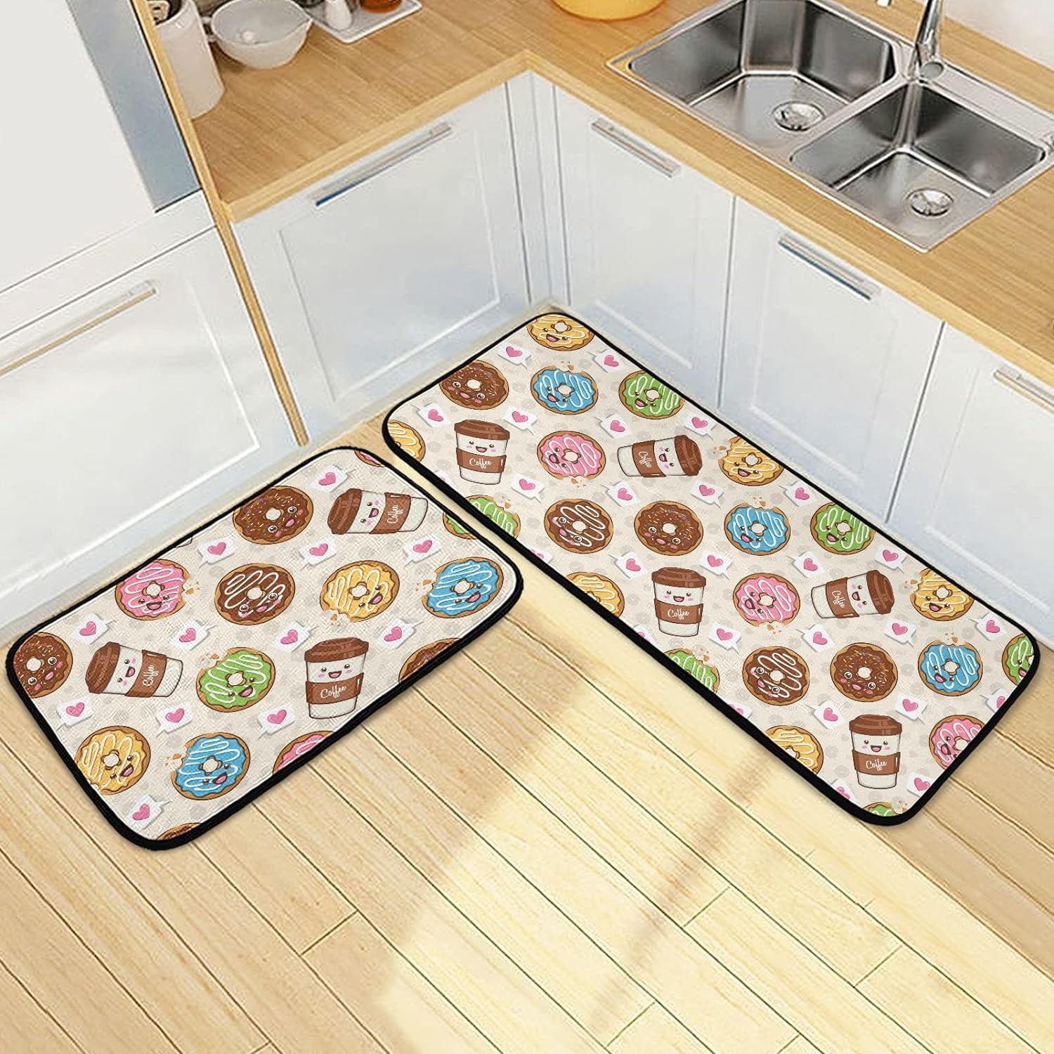 SKYSONIC Donut Coffee Cup Kitchen Rugs Set of 2, Cute Cartoon Floor
