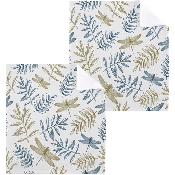 SKYSONIC Dragonfly Washcloths Set of 2, Highly Absorbent Soft Cotton Fingertip Towels for Bathroom, Kitchen, Gym, Spa, Home Decor 12x12 Inch