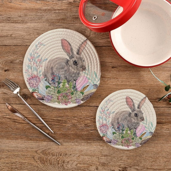 SKYSONIC Easter Bunnies Watercolor Trivet Round Hot Pads, Set of 2 Colorful Eggs Pot Holder Heat Resistant Trivets Cotton Thread Weave Mats for Kitchen Counter Hot Dishes Pot Teapot Table Decor
