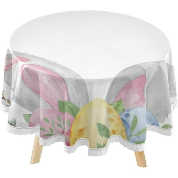 SKYSONIC Easter Bunny Ears Round Tablecloth 60inch Indoor Wrinkle Free, with Colorful Eggs Circular Lace Table Cover Washable for Kitchen Party BBQ Dining Decor