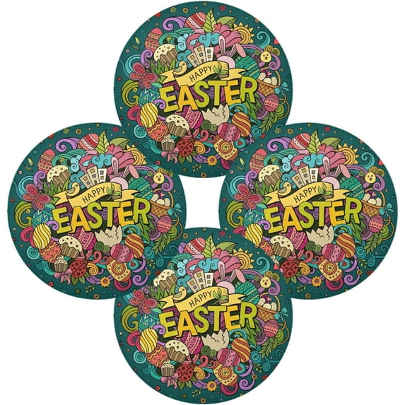 SKYSONIC Easter Bunny Eggs Round Placemats for Dining Table Non-Slip Heat-Resistant Polyester Table Mats Set of 4 Washable Table Mats for Kitchen Dining Table Decoration