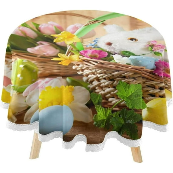 SKYSONIC Easter Bunny Eggs Round Tablecloth 60inch Indoor Wrinkle Free, Spring Flowers Basket Circular Lace Table Cover Washable for Kitchen Party BBQ Dining Decor