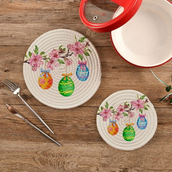 SKYSONIC Easter Colored Eggs Pot Holders Trivets, 2 Pcs Heat Resistant Trivets,Spring Flowers Branch Cotton Thread Weave Mats for Hot Pads Pans Pot Bowl Teapot for Kitchen Decor