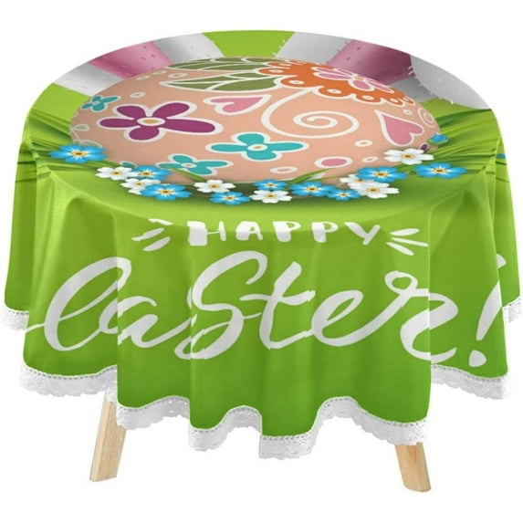 SKYSONIC Easter Decorated Egg Round Tablecloth 60inch Indoor Wrinkle Free, Flowers Bunny Ears Circular Lace Table Cover Washable for Kitchen Party BBQ Dining Decor