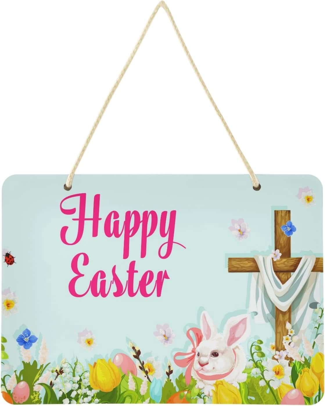 SKYSONIC Easter Eggs Bunny Flower Welcome Sign Front Door Decor Wall ...