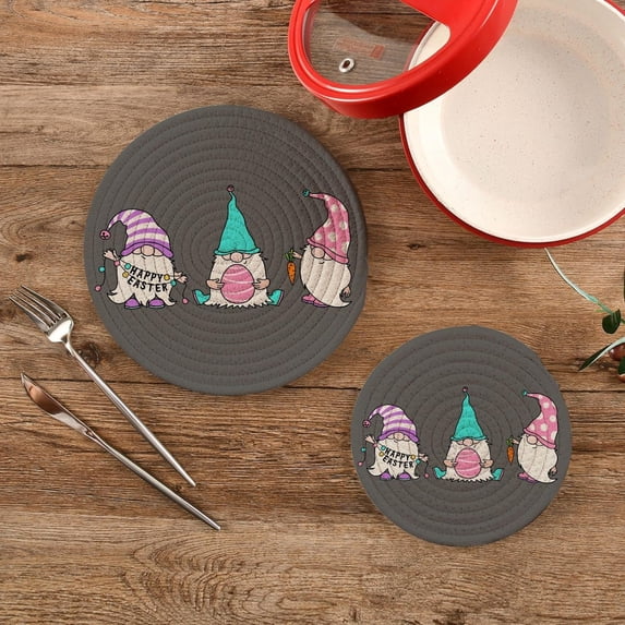 SKYSONIC Easter Gnomes Grey Pot Holders Trivets, 2 Pcs Heat Resistant Trivets,Egg Carrot Cotton Thread Weave Mats for Hot Pads Pans Pot Bowl Teapot for Kitchen Decor