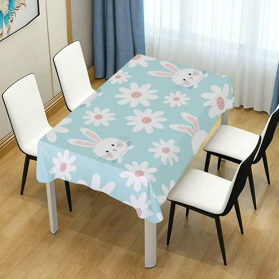 SKYSONIC Easter Rabbit Daisy Flower Rectangle Tablecloth Spill-Proof Polyester Table Cloth Table Cover for Kitchen Dining Picnic Holiday Party Decoration,60x120 Inch