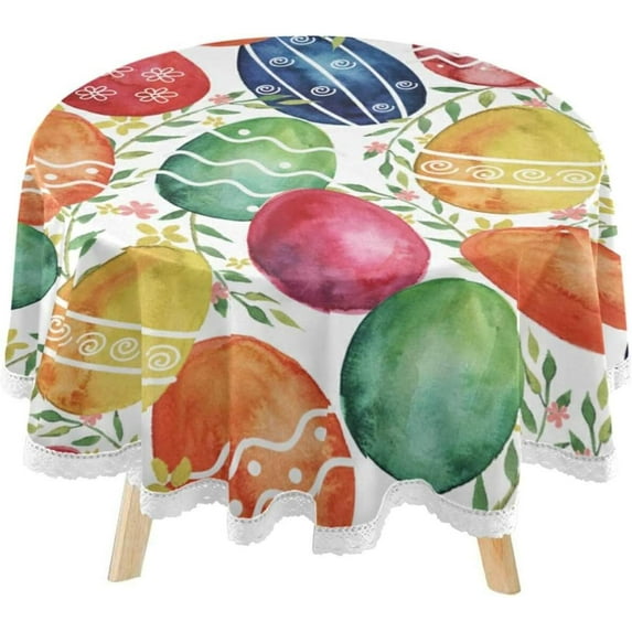 SKYSONIC Easter Watercolor Eggs Round Tablecloth 60inch Indoor Wrinkle Free, Circular Lace Table Cover Washable for Kitchen Party BBQ Dining Decor