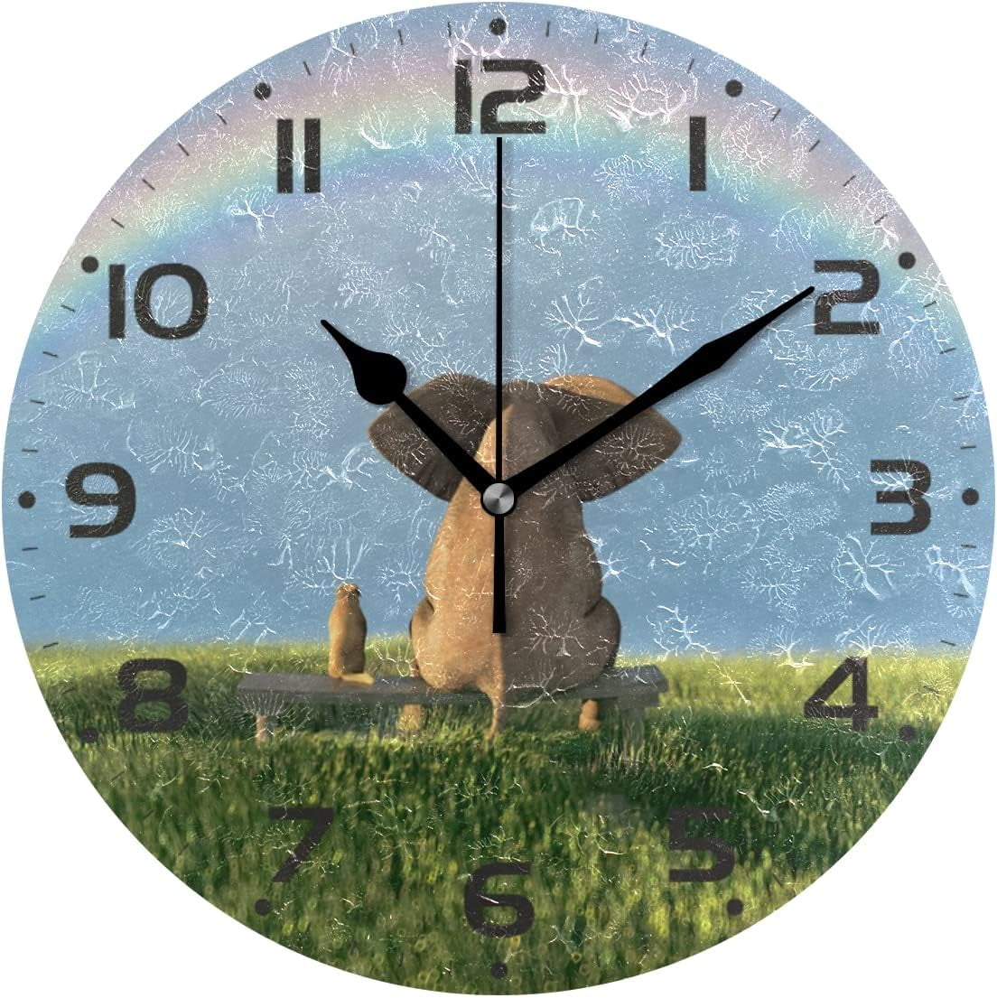SKYSONIC Elephant & Rainbow Wall Clock 10 Inch Silent Non Ticking Round ...