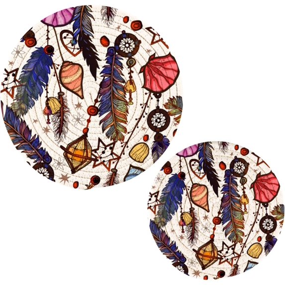 SKYSONIC Ethnic Feather Conch Pot Holders Trivets, 2 Pcs Heat Resistant Trivets,Boho Style Summer Cotton Thread Weave Mats for Hot Pads Pans Pot Bowl Teapot for Kitchen Decor