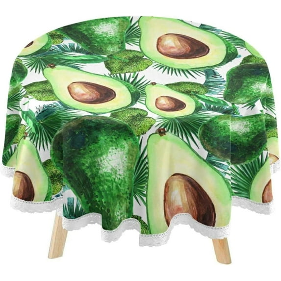 SKYSONIC Exotic Green Avocado Round Tablecloth 60inch Indoor Wrinkle Free, Watercolor Summer Fruit Circular Lace Table Cover Washable for Kitchen Party BBQ Dining Decor