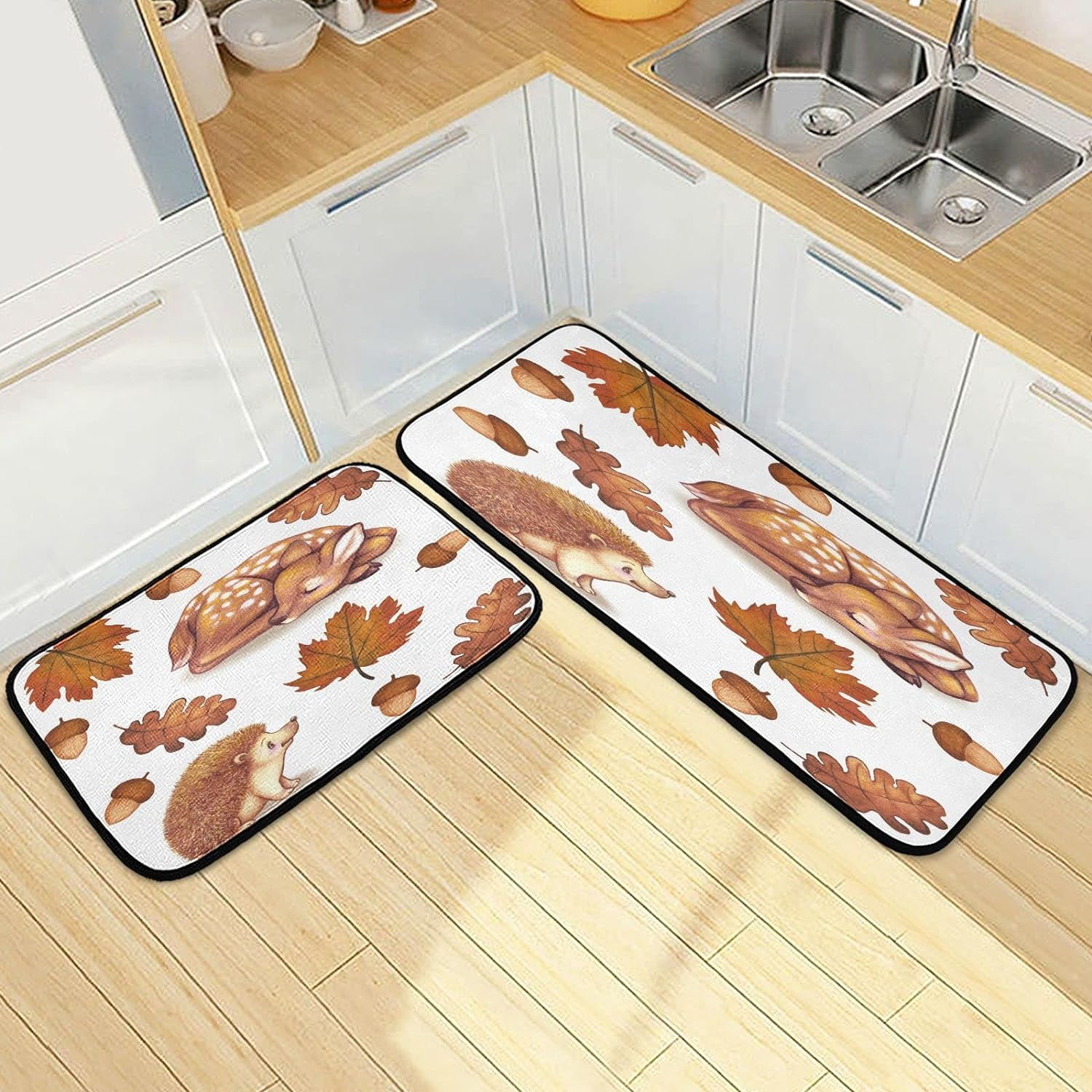 SKYSONIC Fall Hedgehog Deer Kitchen Rugs Set of 2, Autumn Forest