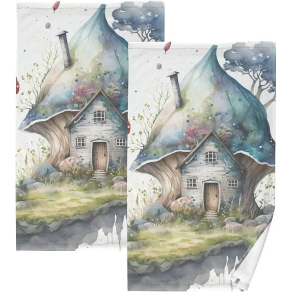 SKYSONIC Fantasy Mushroom House Hand Towels 2 Pack, Cotton Bath Towel for Drying Face Hands Body ,Absorbent Lightweight Towels for Bathroom Ktichen Travel Gym, 16"x28"