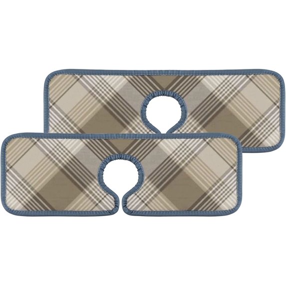 SKYSONIC Faucet Absorbent Mat 2 Pcs Brown Chevron Plaid Tartan Kitchen Faucet Splash Catcher Washable Counter Drying Pads Behind Faucet for Kitchen Bathroom