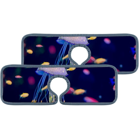 SKYSONIC Faucet Absorbent Mat 2 Pcs Colorful Fishes And Jellyfish Kitchen Faucet Splash Catcher Washable Counter Drying Pads Behind Faucet for Kitchen Bathroom